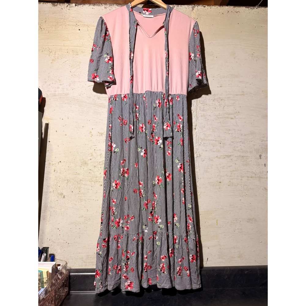 Reborn J Women's XL Pink Gray Floral Stripe Mixed Media Midi Maxi Dress  Boho